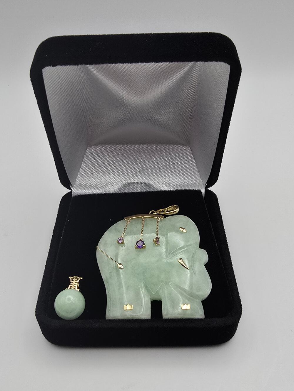 Jadeite Elephant Pendant 14K Gold Amethyst Accents + Jade Ball Charm
